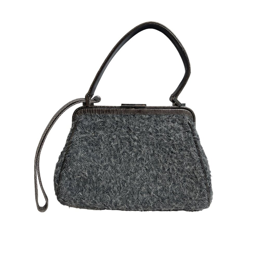 Ferre Vintage Italian Wool & Leather Handbag With Shoulder Strap Gray - Picture 3 of 7